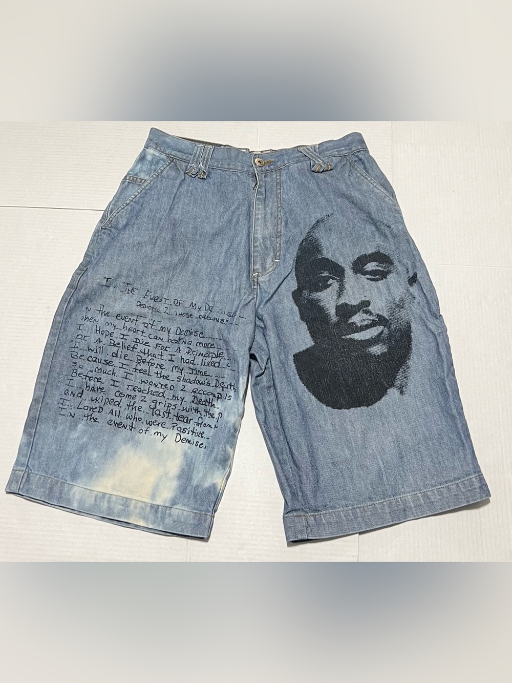 Makaveli Tupac Shakur Graphic Jean Shorts 32 Denim Hip Hop Vintage Baggy 2Pac